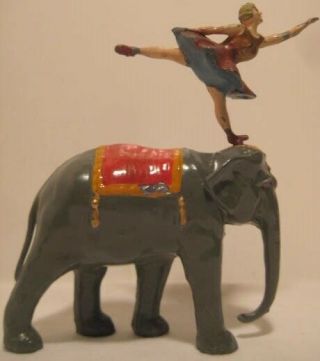 Old Rare Lead Britains Circus Elephant W/ Lady Acrobat Balance Performer On Head