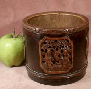 Antique C1890 Chinese Carved Bamboo Brush Pot Fine Figures Birds,  Carved Wood