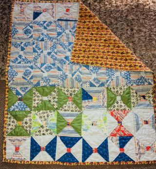 Vintage Quilt Patched Hand Made Colorful Lap Blanket Art Old Fabric