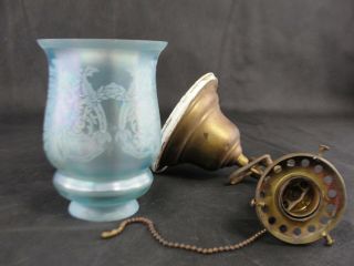 Antique Blue Etched Satin Glass Shade And Brass Light Fixture Art Deco Era