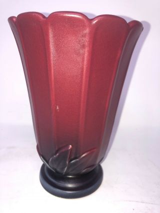 Weller Pottery Loru 7 1/4” Vase Rare 1930s Maroon Glaze With Raised Leaves