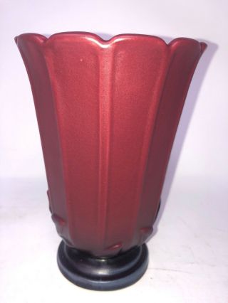 Weller Pottery Loru 7 1/4” Vase Rare 1930s Maroon Glaze with Raised Leaves 2