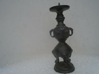 Interesting small antique metal candlestick with Gothic feet & odd creatures WOW 2