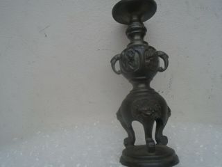 Interesting small antique metal candlestick with Gothic feet & odd creatures WOW 3