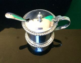 Antique Silver Plated Mustard Pot With Unrelated Spoon Cobalt Glass Liner