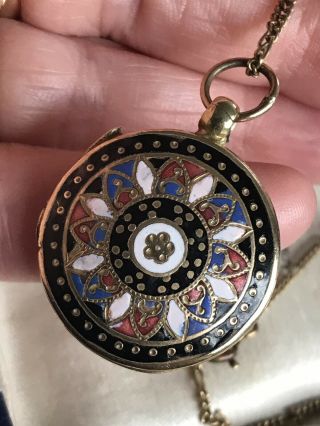 Antique Victorian /edwardian Double Sided Enamel & Gilt Locket Pendant Necklace