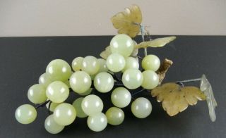 Vintage Light Jade Stone Grape Bunch Cluster 29 Grapes & 5 Dark Leaves.