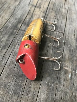 Vtg Early 20s - 30s Heddon Zig Wag 4 " Jointed Wood Fishing Lure W/ Glass Eyes