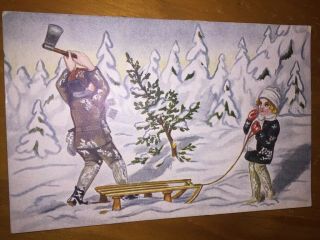 Vintage Christmas Postcard Two Children Cutting Tree With Sled Victorian Antique