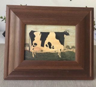 Vintage 60 - 70’s Big Cow Farm Print Picture In Vintage Wood Frame Framed 24.  2cmt