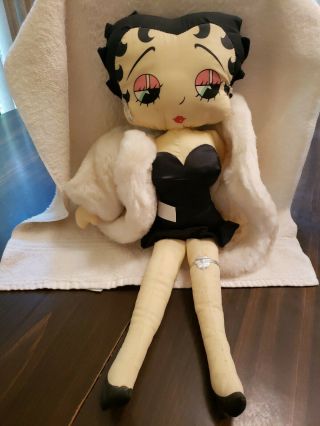 Vintage 1988 Betty Boop Doll Plush White Fur Coat And Black Satin Dress 18 "