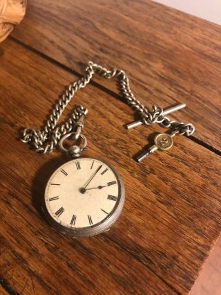 Vintage White Metal Pocket Watch With Fob Chain And Key