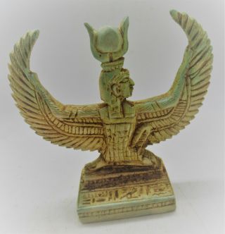Old Antique Egyptian Glazed Faience Statuette Of Winged Isis
