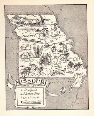 1959 Antique Missouri State Map Vintage 50s Cartoon Map Of Missouri Bw 2311