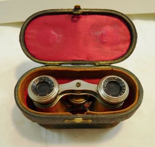 Lamier Paris Vintage Mother of Pearl Opera Glasses Binoculars w/ Leather Case 2