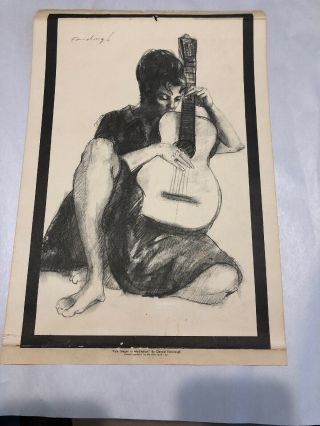 Rare Vintage Drawing Made For Goya Guitar Co Hand Signed Gerald Fairclough Folk