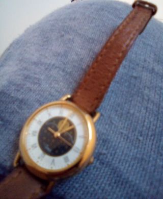 Vintage Timex Moon Phase Gold Tone Watch Roman Numerals Brown Leather Strap