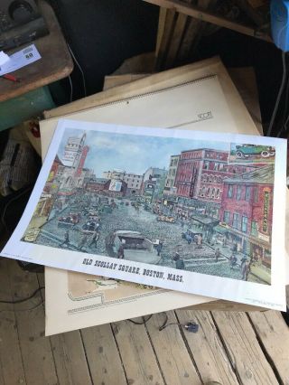 Rare Vtg 1972 Scollay Square Boston Ma Mass Print Artist Rendering 1927 23” Orig