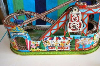 Vintage J.  Chein Roller Coaster & 3 Cars Tin Litho Wind - Up Toy - Rare - Shape
