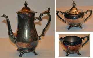 Vintage Silver Tea Set William W.  M.  Rogers Pot Sugar Bowl Creamer Victorian Rose