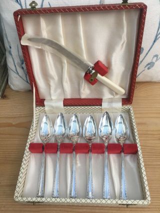 Vintage Boxed Set Of 6 Art Deco Silver Plate Grapefruit Spoons And Curved Knife