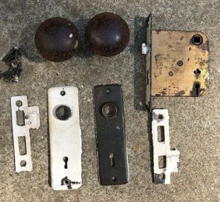 Vintage Steel Door Knobs Set With Face Plates And Mortise Missing Knob Shaft