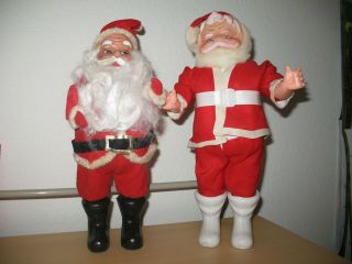 Two Vintage 1950 Santa Clauses.  12 " & 11 ".  Wool Felt & Plastic