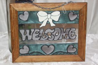 Vintage Framed Painted Glass " Welcome " Sign With Chain
