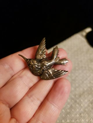 Antique Sterling Silver Flying Bird (swallow?) Pin,  C Clasp,  Patina
