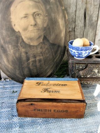 Early Antique Wood Egg Crate W Blue Calico Hinge Lakeview Farms
