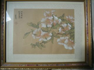 Antiques Chinese Water Colour Painting On Silk Flower With Calligraphy And Seal