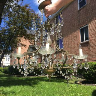 Art Nouveau Elegant Antique Spain Pressed Glass Crystal & Brass Chandelier