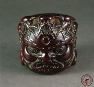 Old Chinese 19th C.  Ox Horn Made Archer ' s Thumb Ring POWERFUL TIGER ON SURFACE 3