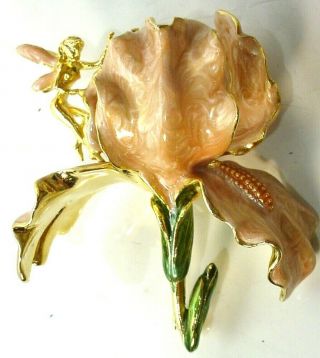 KIRKS FOLLY Peach Orchid Iris & Flower Fairy Enamel Signed Pin Brooch Rare 2