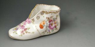 Rare Dresden Franziska Hirsch Hand Painted Floral Porcelain Baby Shoe