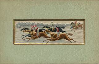 1880s Stevengraph Silk Woven Picture " The Finish " Horse Racing