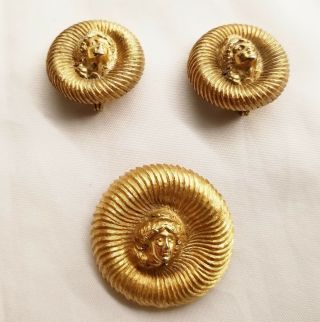 Vintage Monet Brooch & Clip Earrings Greek Woman Figure Gold Tone Rare Set