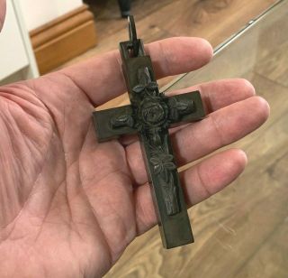 Large Size Antique Victorian Vulcanite Cross Pendant With Roses & Leaves