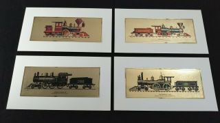 4 Vintage Railroad Locomotive Train Gold Foil Color Etch Prints 70s Robert Kern