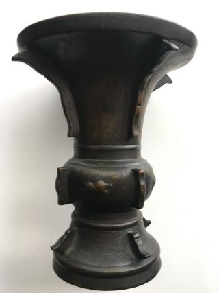 Antique Early 19th Century Chinese Bronze Gu Vase Foo Dog Decoration