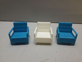 Vtg Mattel 1968 Retro Miniature Plastic Doll House Furniture 3 Chairs Blue/white
