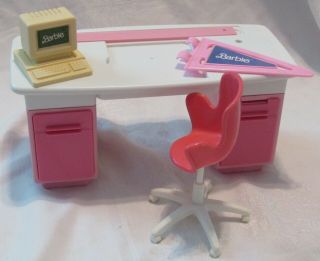 Vtg Barbie Girl Desk Play Set Tape Dispenser Ruler Computer Stamp Adjust Chair