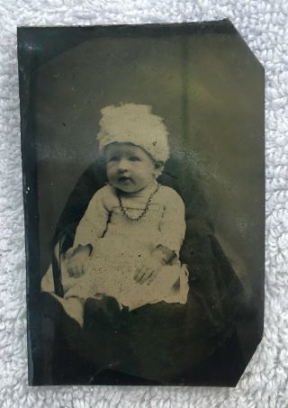 Tintype Photo Baby With Hat Antique Photograph Child Kids Vintage Tin Type