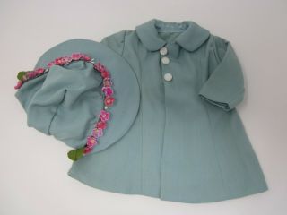 Vintage Blue Coat & Matching Hat With Pink Cloth Flowers Outfit Fits Toni Doll