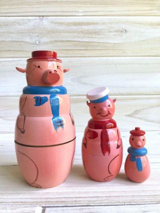 Rare Old Vintage Polish Nesting Dolls Fairy Tale Set Of Three Little Pigs Poland