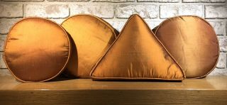 Set Of 4 Vintage 1960s Geometric Shape Pillows Gold Satin Sheen Round / Triangle