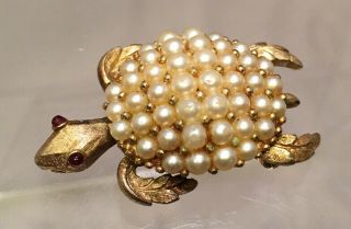 Vintage Rare Crown Trifari Faux Pearl Turtle Pin Brooch