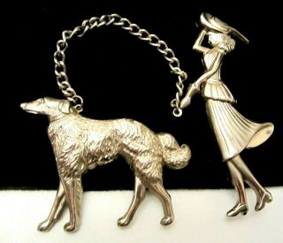 Rare Vintage Signed Coro Pegasus Lady Walking Dog Chantiline Brooch Pin Set A69