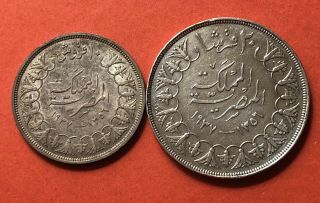 Egypt - 1937 - 2 Vintage Silver Coins (10&20 Pt) King Farouk).  Vf, .  Rare.