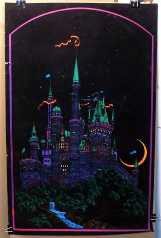 Scarce Vintage Psychedelic Flocked Blacklight Poster Fairy Tale Castle Art 1970s